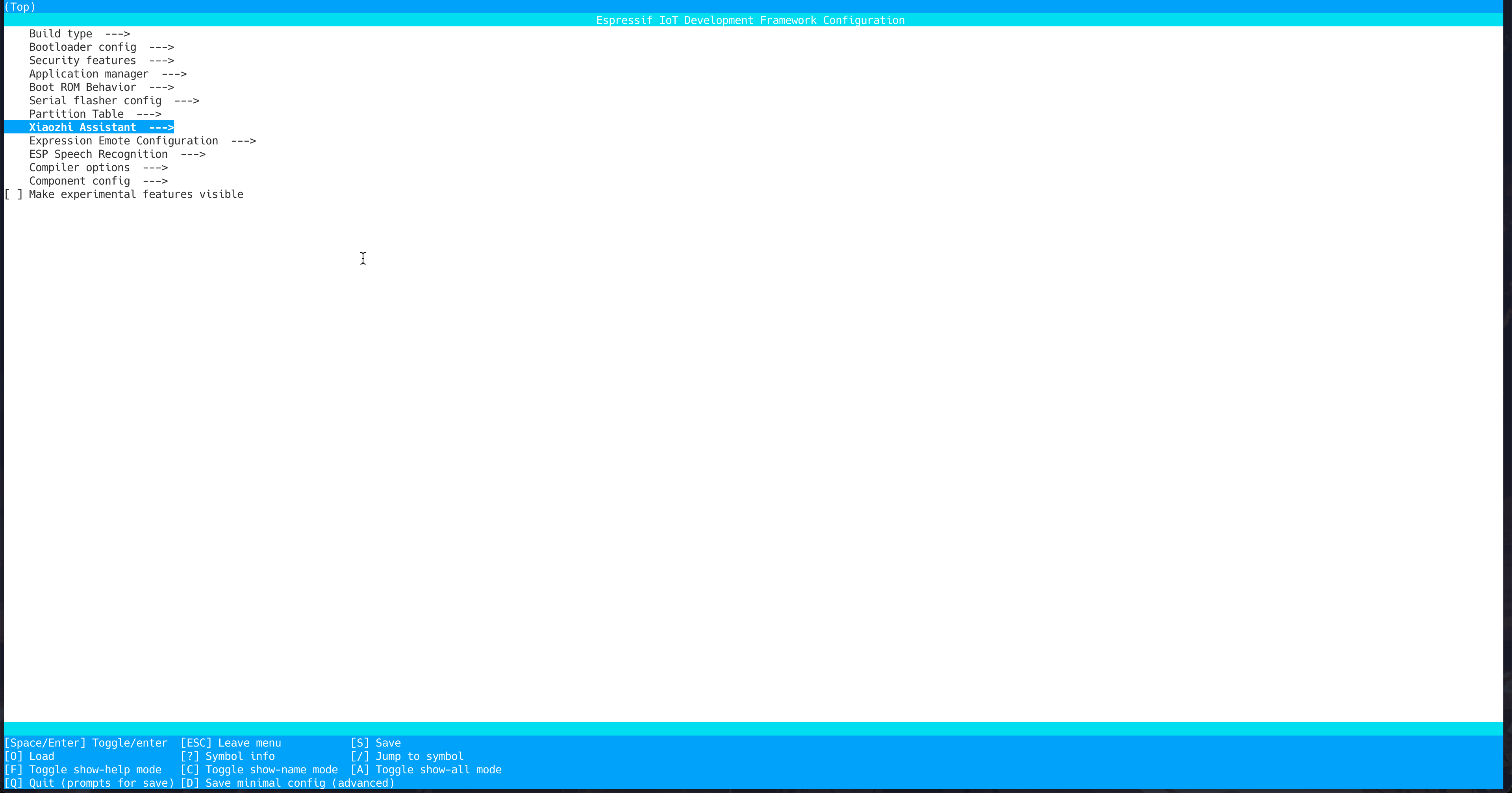 在菜单中选择 `Xiaozhi Assistant` 这个菜单项,然后按下 `Enter` 键进入配置菜单